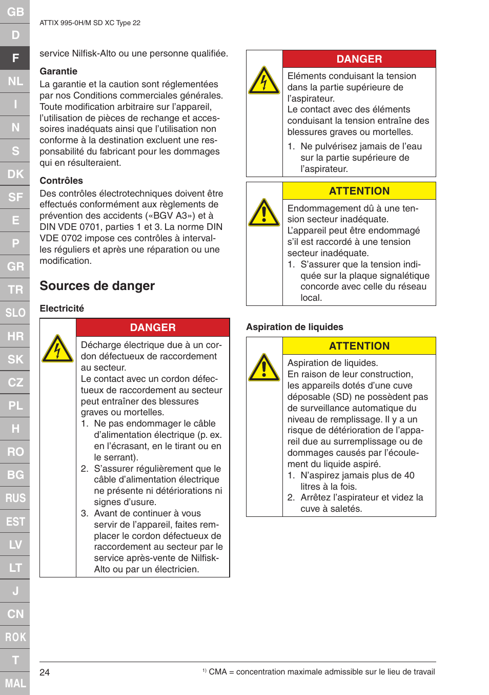 Sources de danger | Nilfisk-ALTO M SD XC Type 22 User Manual | Page 24 / 40