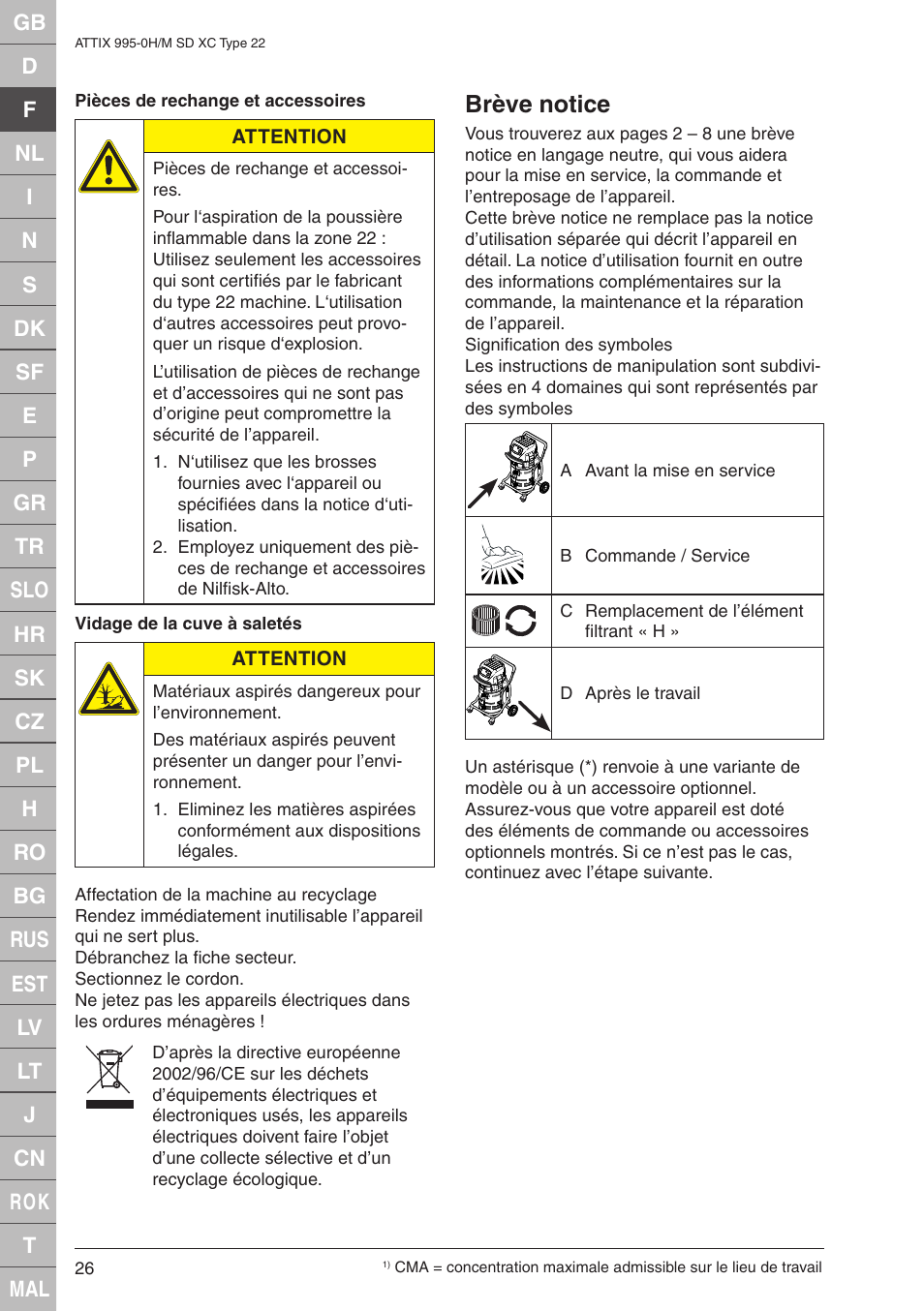 Brève notice | Nilfisk-ALTO M SD XC Type 22 User Manual | Page 26 / 40