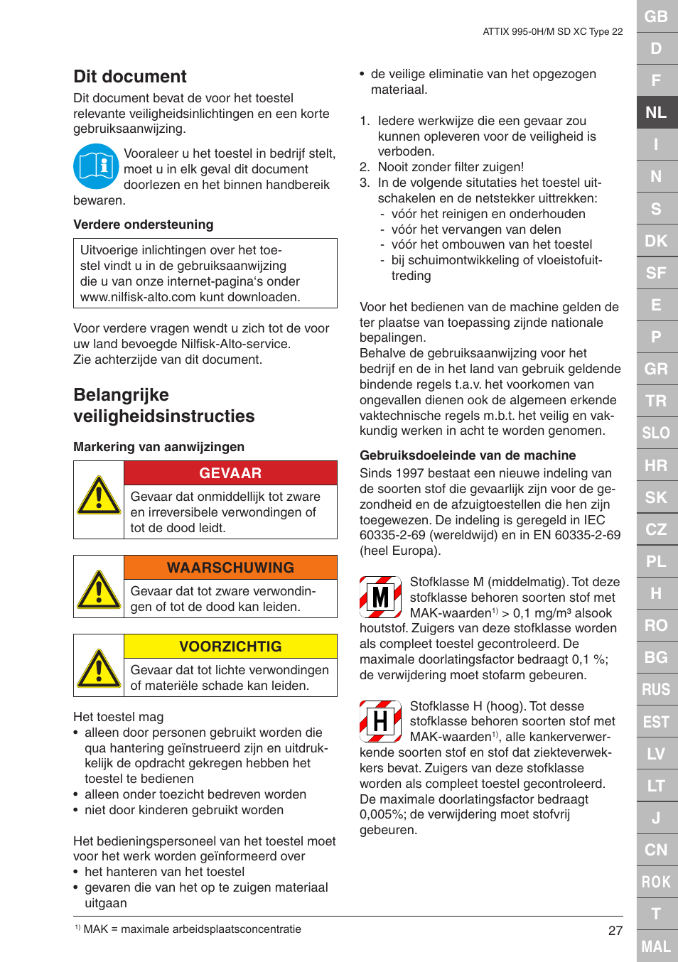 Dit document, Belangrijke veiligheidsinstructies | Nilfisk-ALTO M SD XC Type 22 User Manual | Page 27 / 40