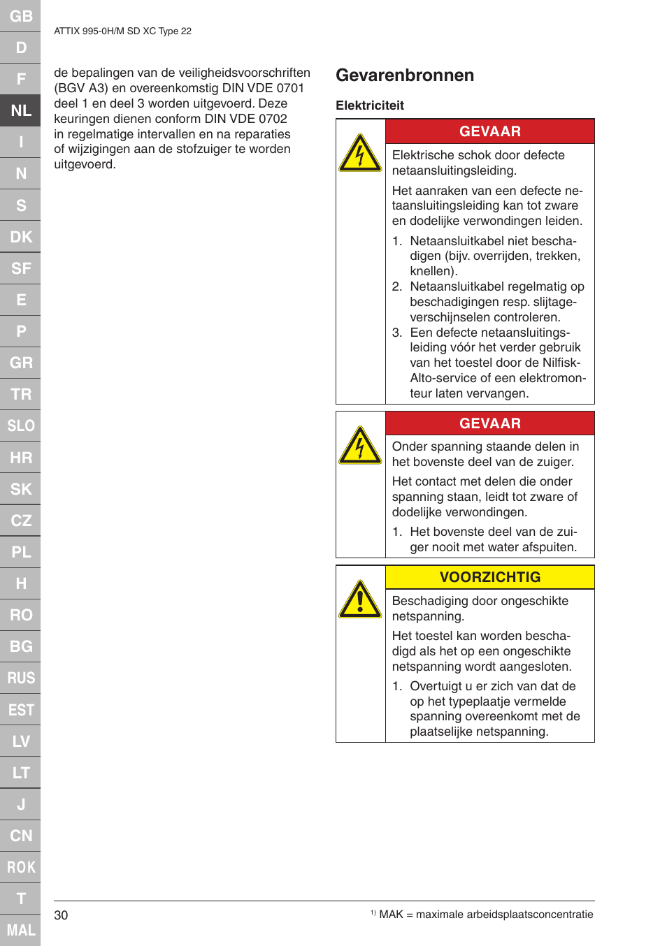 Gevarenbronnen | Nilfisk-ALTO M SD XC Type 22 User Manual | Page 30 / 40