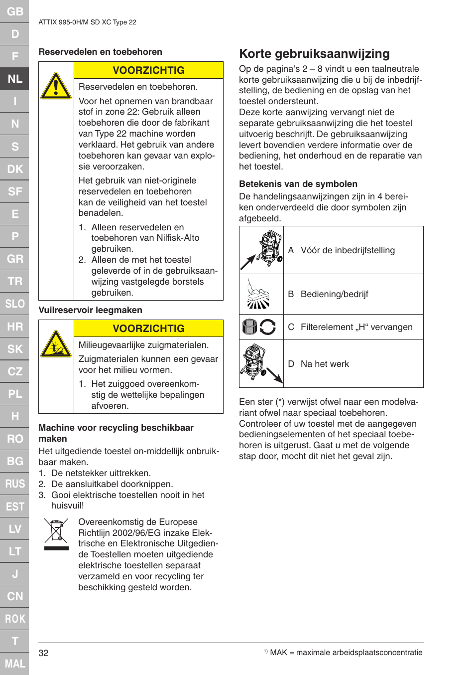 Korte gebruiksaanwijzing | Nilfisk-ALTO M SD XC Type 22 User Manual | Page 32 / 40