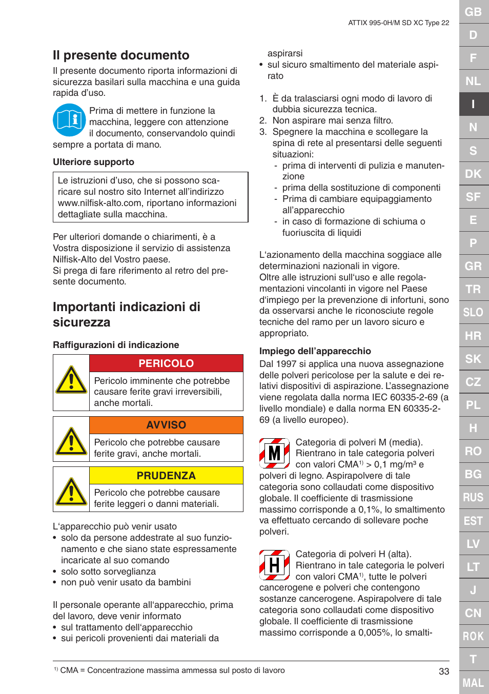 Il presente documento, Importanti indicazioni di sicurezza | Nilfisk-ALTO M SD XC Type 22 User Manual | Page 33 / 40