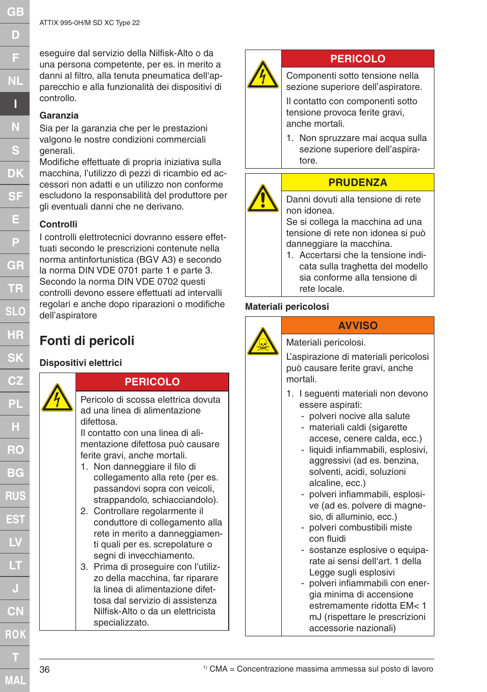 Fonti di pericoli | Nilfisk-ALTO M SD XC Type 22 User Manual | Page 36 / 40