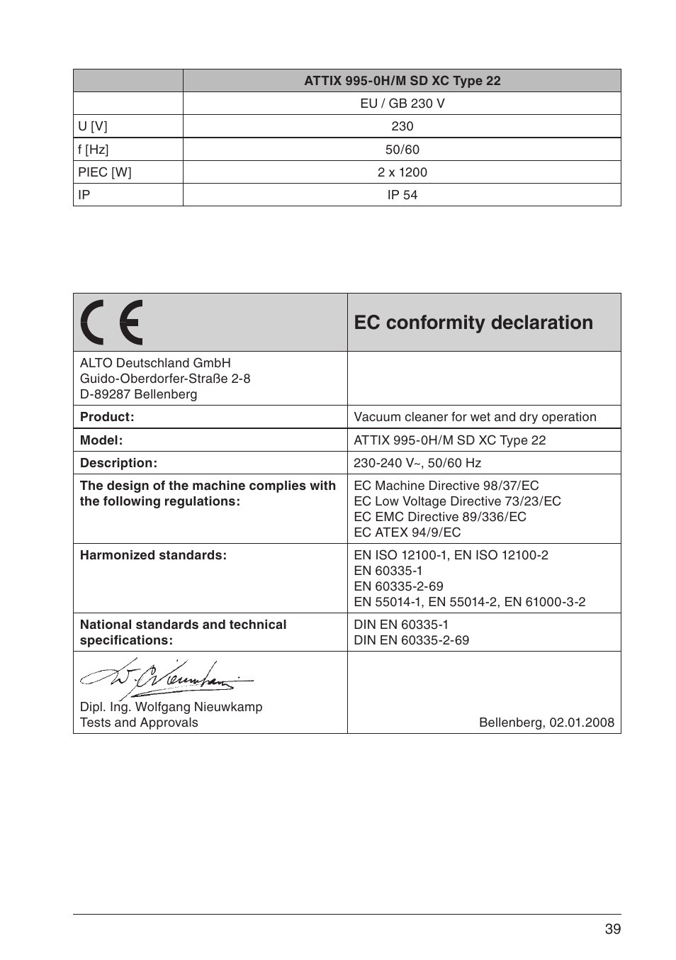 Ec conformity declaration | Nilfisk-ALTO M SD XC Type 22 User Manual | Page 39 / 40