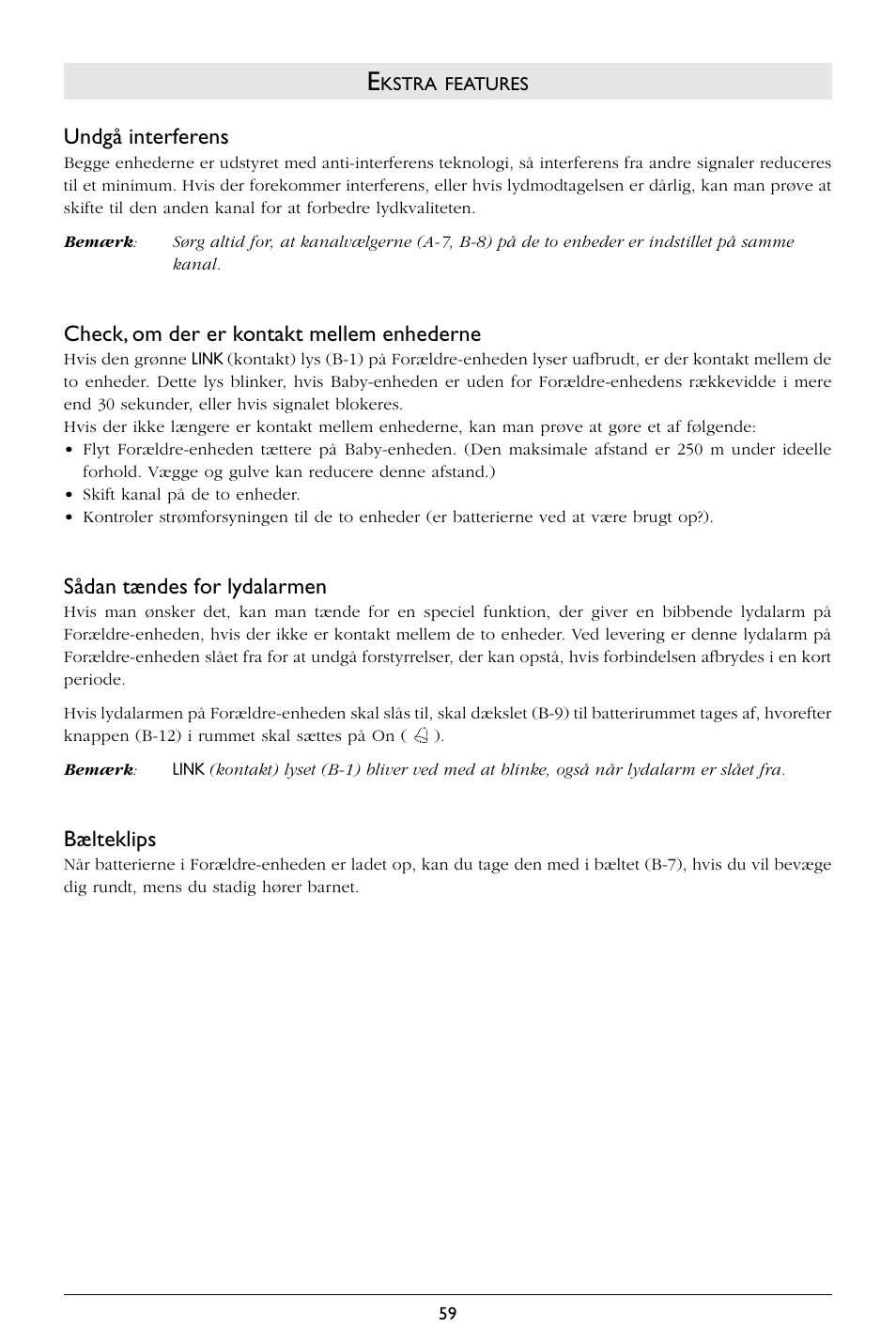 Undgå interferens, Check, om der er kontakt mellem enhederne, Sådan tændes for lydalarmen | Bælteklips | Philips Babyphone User Manual | Page 60 / 75