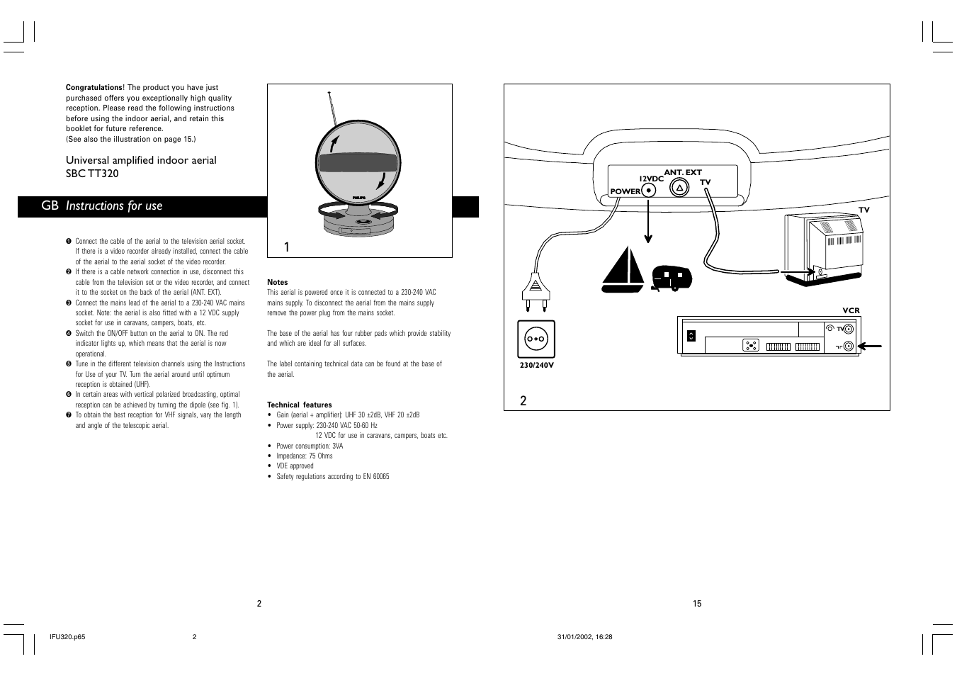 Instructions for use, Universal amplified indoor aerial sbc tt320 | Philips TV-Antenne User Manual | Page 2 / 8