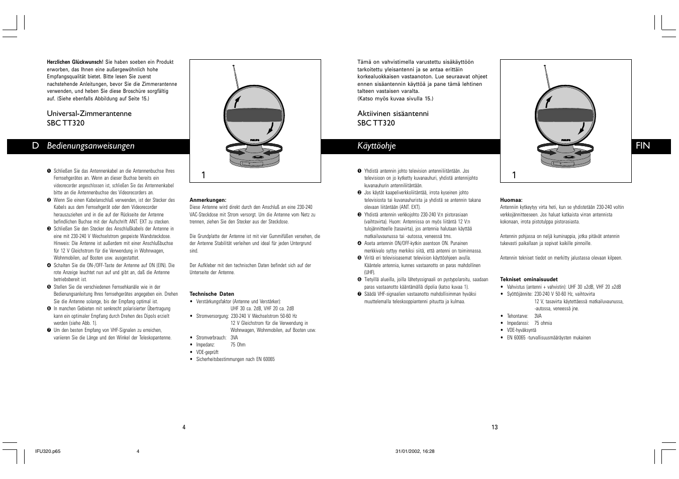 Bedienungsanweisungen d, Käyttöohje, Universal-zimmerantenne sbc tt320 | Aktiivinen sisäantenni sbc tt320 | Philips TV-Antenne User Manual | Page 4 / 8