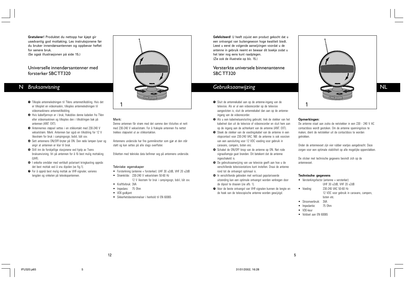 Gebruiksaanwijzing, Bruksanvisning, Versterkte universele binnenantenne sbc tt320 | Philips TV-Antenne User Manual | Page 5 / 8