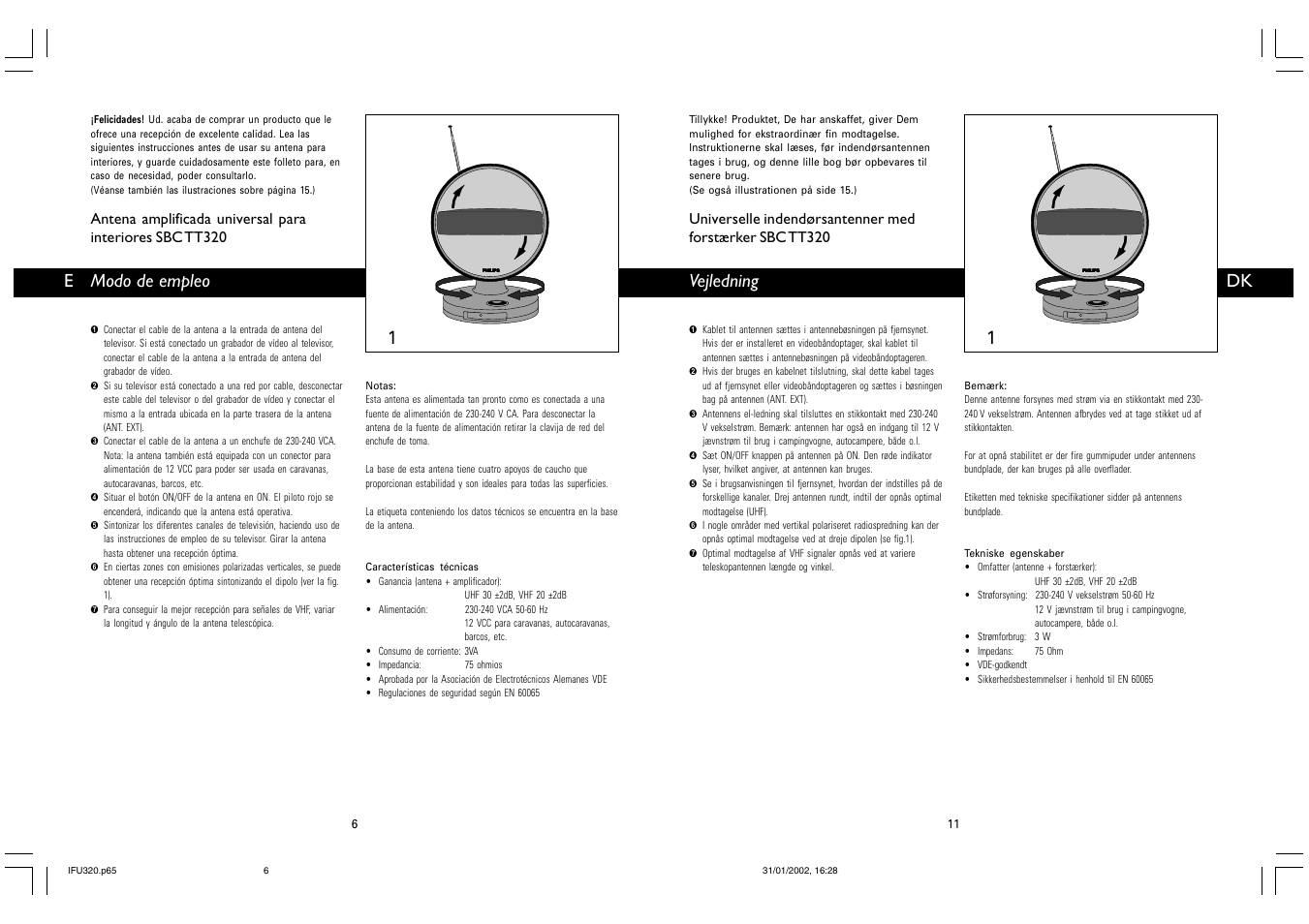 Modo de empleo, Vejledning | Philips TV-Antenne User Manual | Page 6 / 8