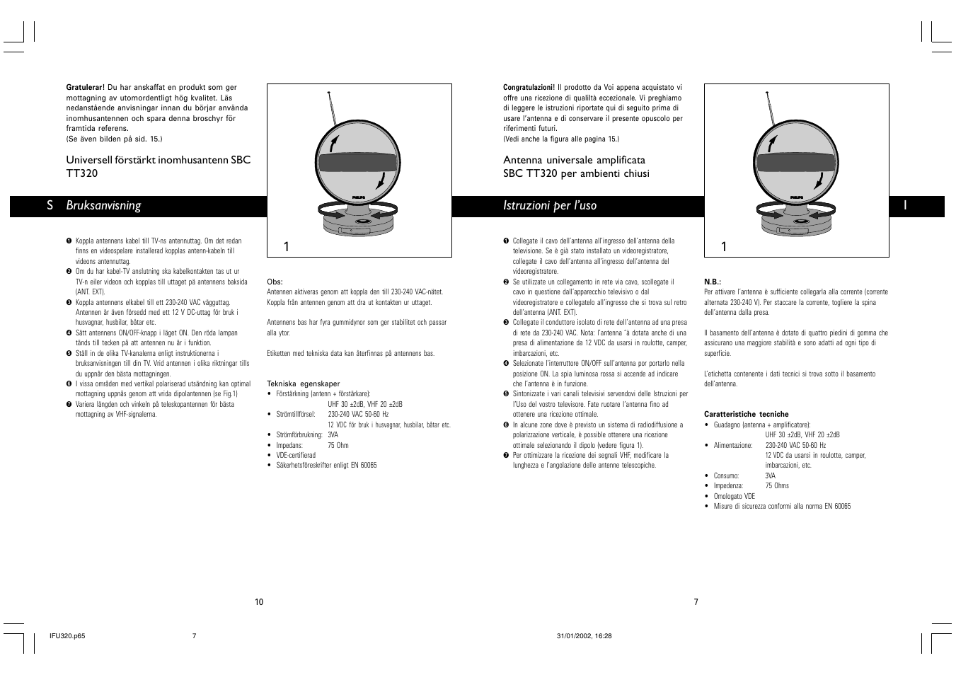 Istruzioni per l’uso, Bruksanvisning, Universell förstärkt inomhusantenn sbc tt320 | Philips TV-Antenne User Manual | Page 7 / 8