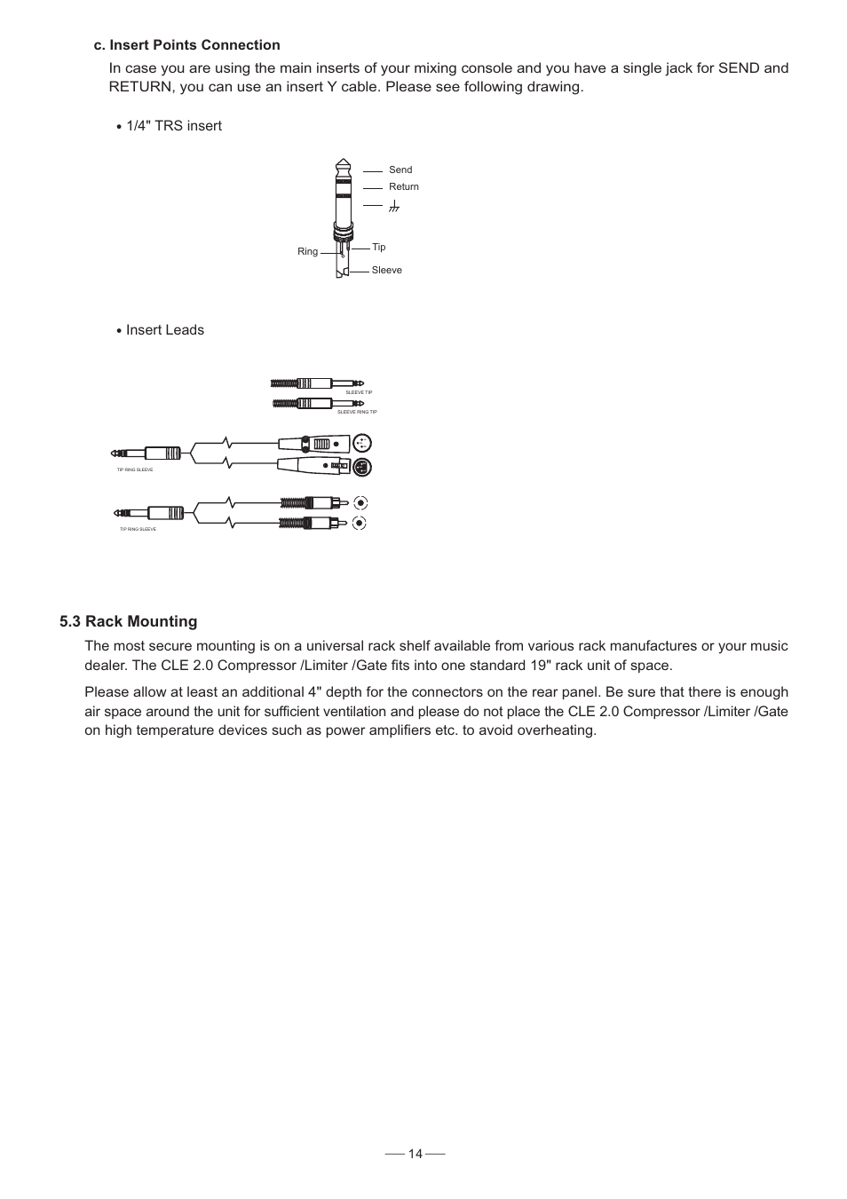 3 rack ounting m, 1/4" trs insert insert leads | Nilfisk-ALTO CLE2.0 User Manual | Page 15 / 19