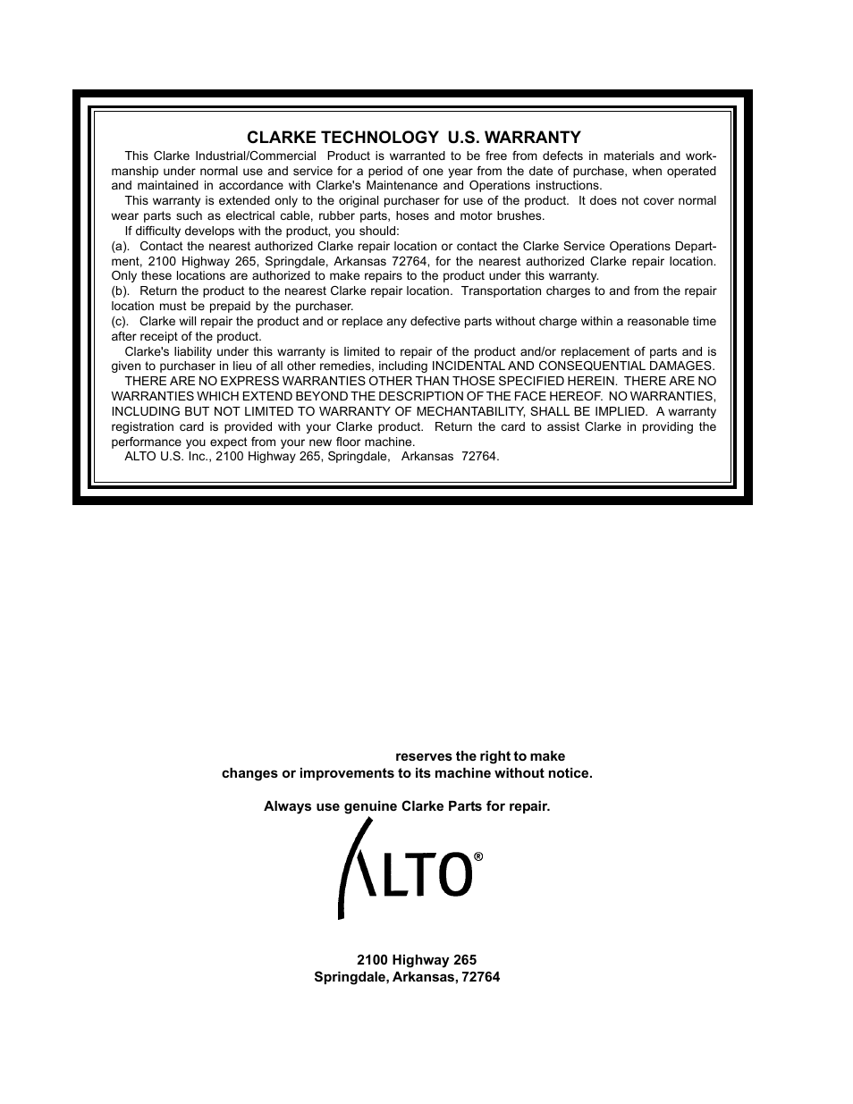 Clarke technology u.s. warranty, Clarke technology | Nilfisk-ALTO S12 User Manual | Page 22 / 22