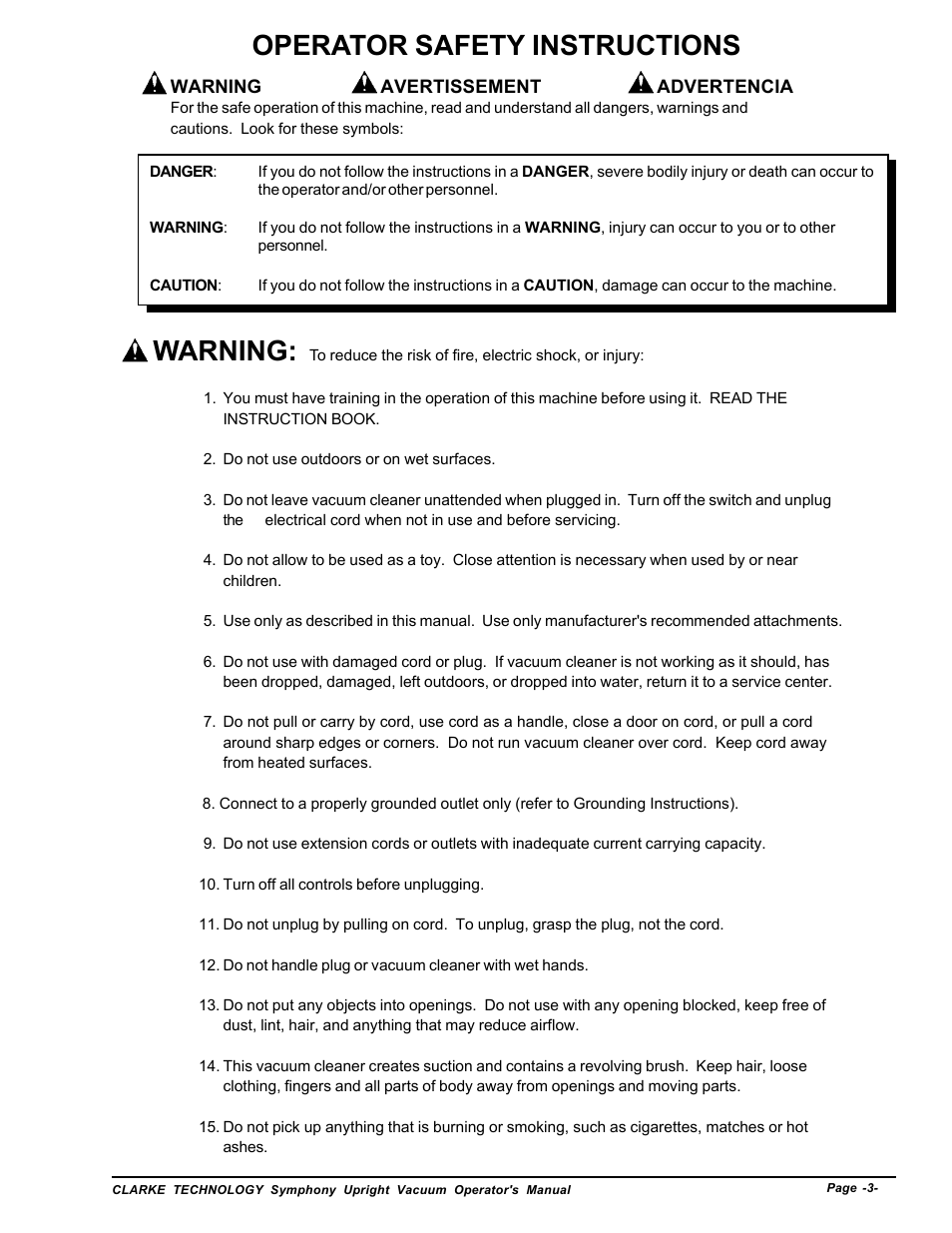 Operator safety instructions, Warning | Nilfisk-ALTO S12 User Manual | Page 3 / 22