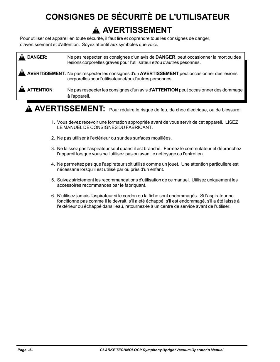 Avertissement | Nilfisk-ALTO S12 User Manual | Page 6 / 22