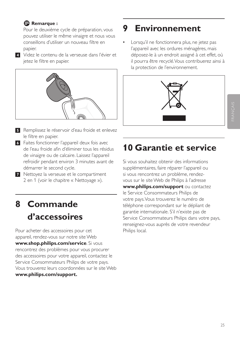 9 environnement, 10 garantie et service, 8 commande d’accessoires | Philips Avance Collection Kaffeemaschine User Manual | Page 25 / 28