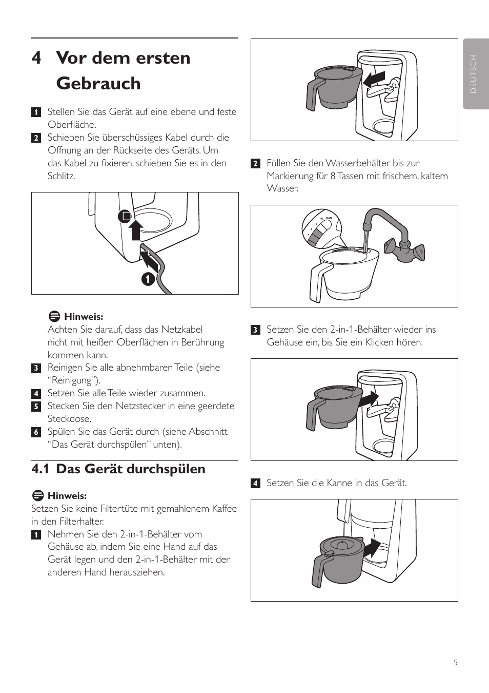 4 vor dem ersten gebrauch, 1 das gerät durchspülen | Philips Avance Collection Kaffeemaschine User Manual | Page 5 / 28