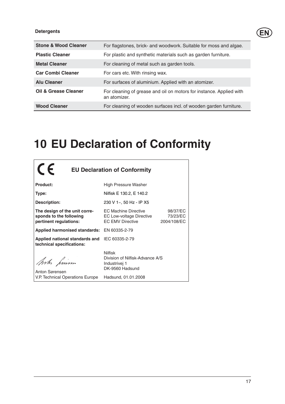 10 eu declaration of conformity | Nilfisk-ALTO E 140.2 User Manual | Page 16 / 18