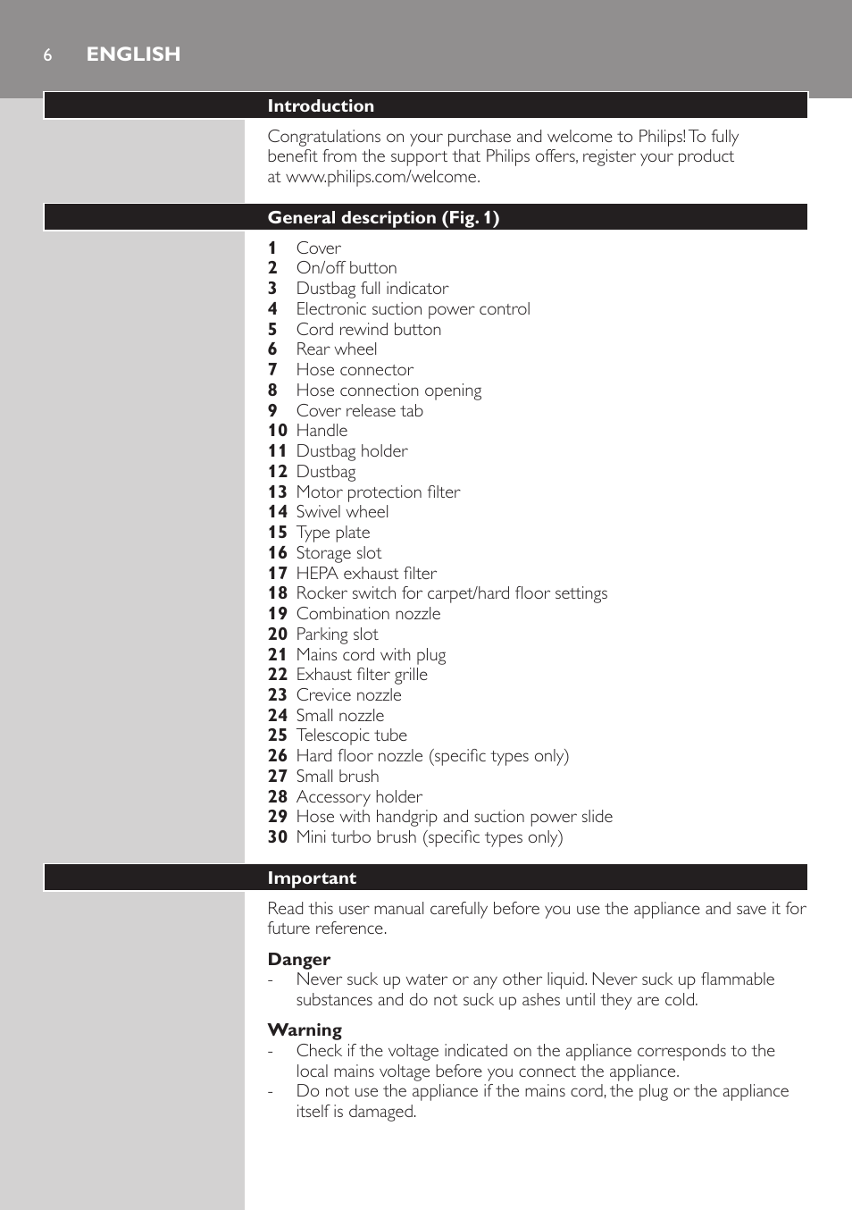 English | Philips EasyLife Staubsauger mit Beutel User Manual | Page 6 / 150