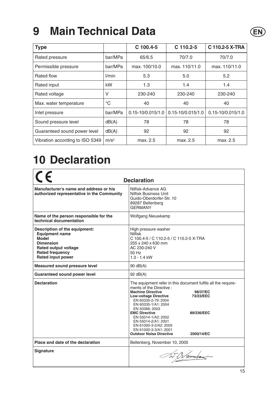 9 main technical data, 10 declaration | Nilfisk-ALTO Nilfisk C 100.4 User Manual | Page 15 / 18