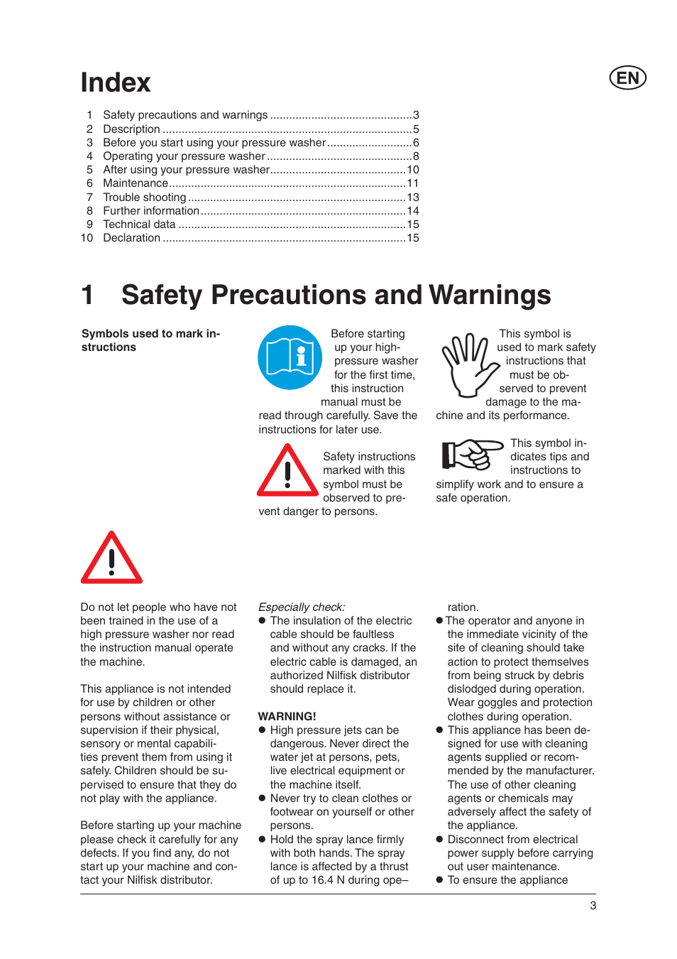 Index, 1 safety precautions and warnings | Nilfisk-ALTO Nilfisk C 100.4 User Manual | Page 3 / 18
