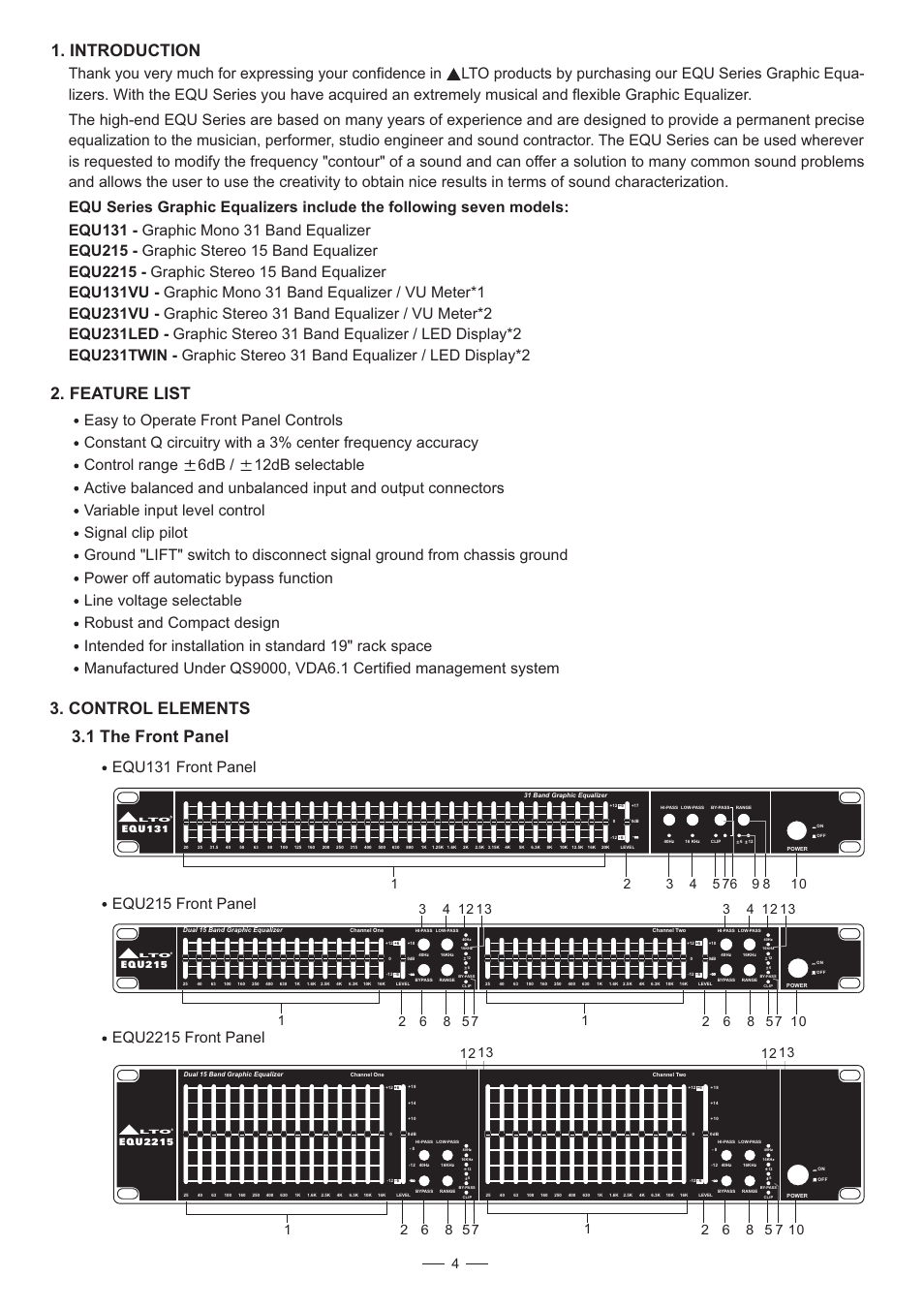 Introduction, Feature list, Control elements 3.1 the front panel | Nilfisk-ALTO EQU Series User Manual | Page 5 / 15