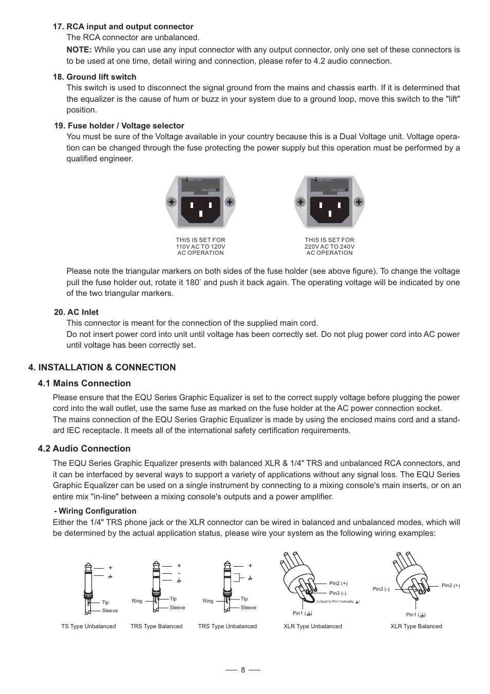 Installation & connection 4.1 mains connection, 2 audio connection, Ground lift switch | Nilfisk-ALTO EQU Series User Manual | Page 9 / 15