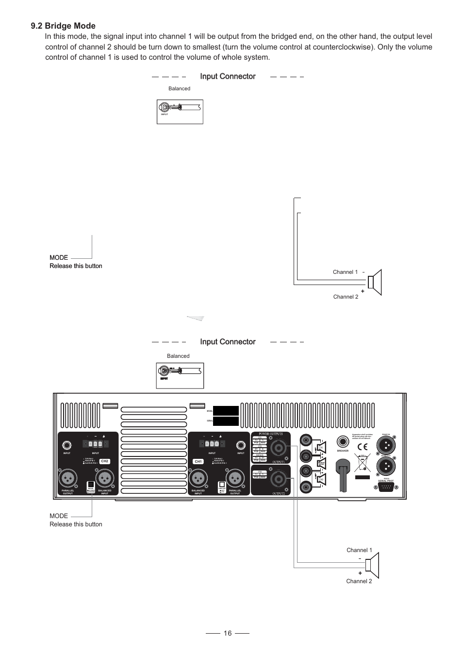 2 bridge mode, Input connector, Channel 2 channel 1 | Channel 1, Channel 2, Balanced | Nilfisk-ALTO DPA6000 User Manual | Page 17 / 20