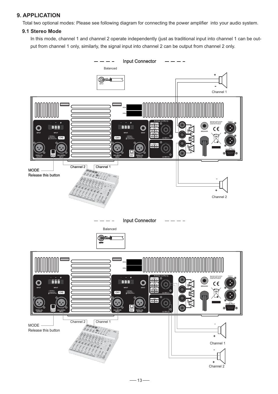 Application, 1 stereo mode, Input connector | Mode this button release, Channel 2 channel 1, Channel 1 channel 2, Channel 1, Channel 2, Balanced | Nilfisk-ALTO DPA6000 User Manual | Page 7 / 20