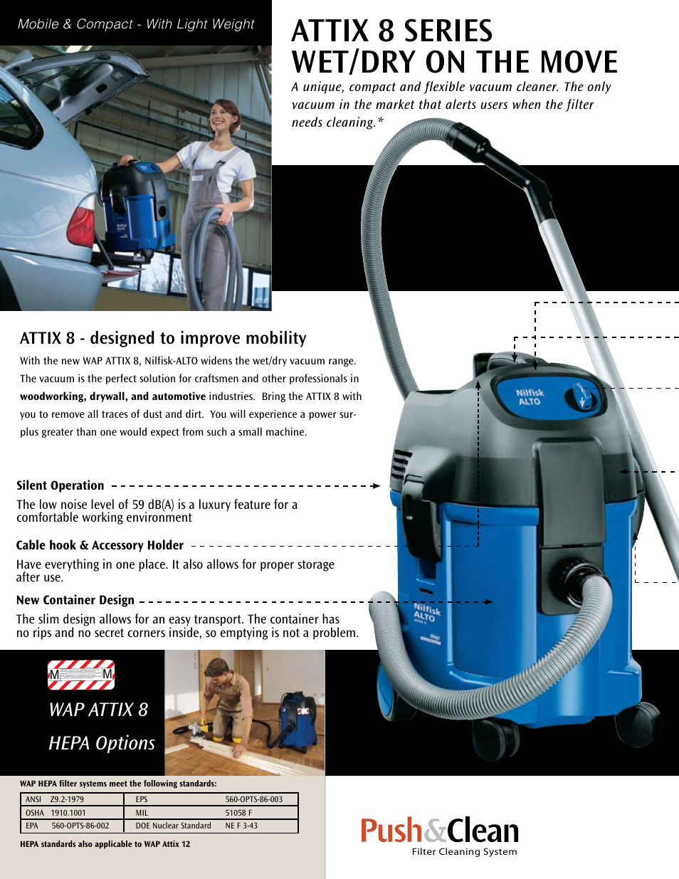 Attix 8 series wet/dry on the move, Wap attix 8 hepa options, Attix 8 - designed to improve mobility | Nilfisk-ALTO Alto Attix Series User Manual | Page 2 / 12