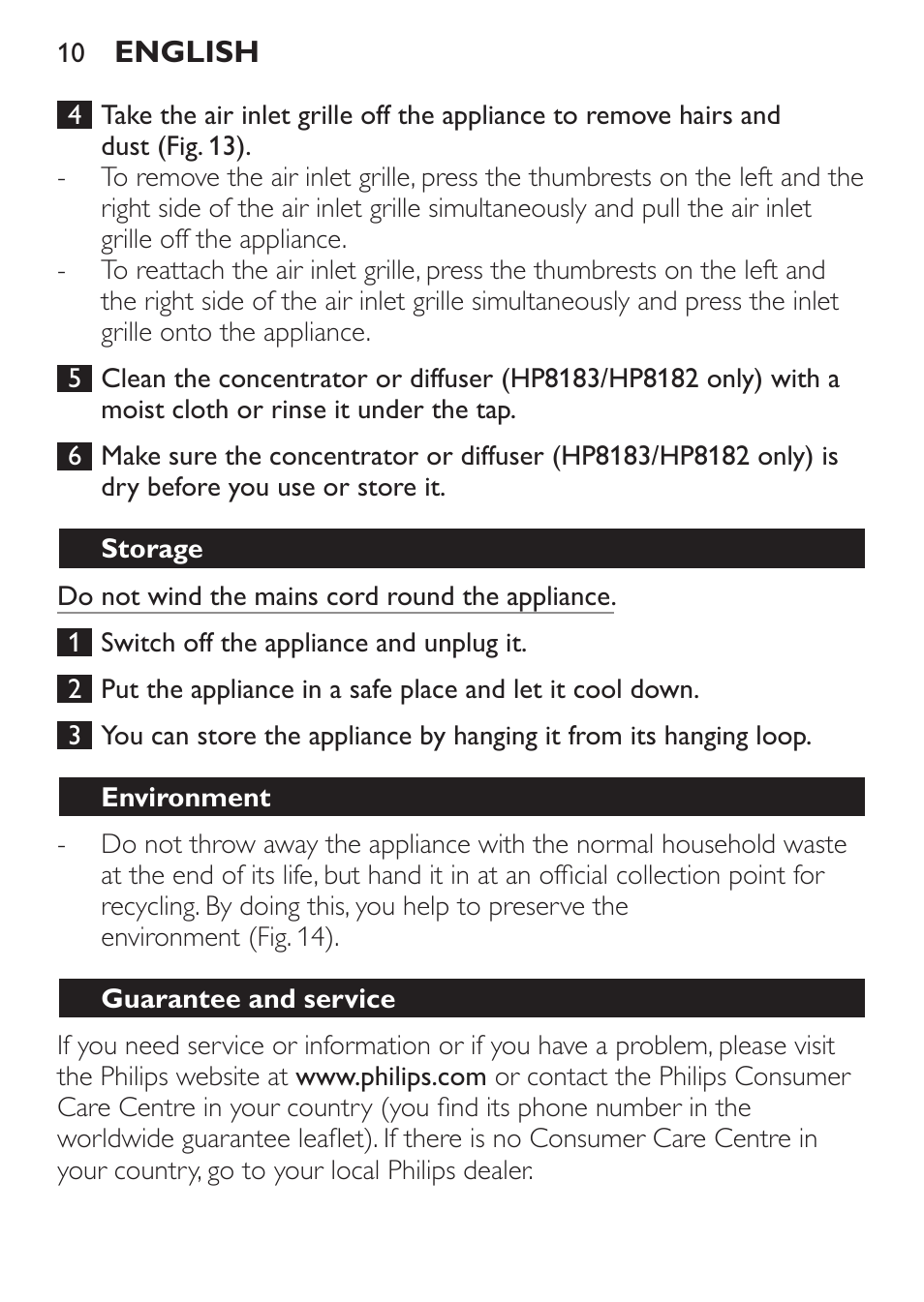 Storage, Environment, Guarantee and service | Philips SalonDry Control Haartrockner User Manual | Page 10 / 52