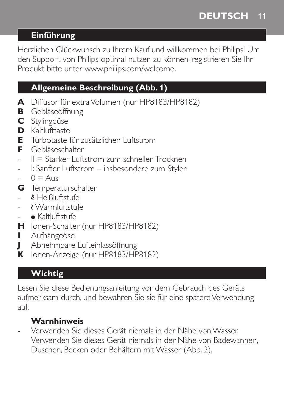 Warnhinweis, Deutsch, Einführung | Allgemeine beschreibung (abb. 1), Wichtig | Philips SalonDry Control Haartrockner User Manual | Page 11 / 52