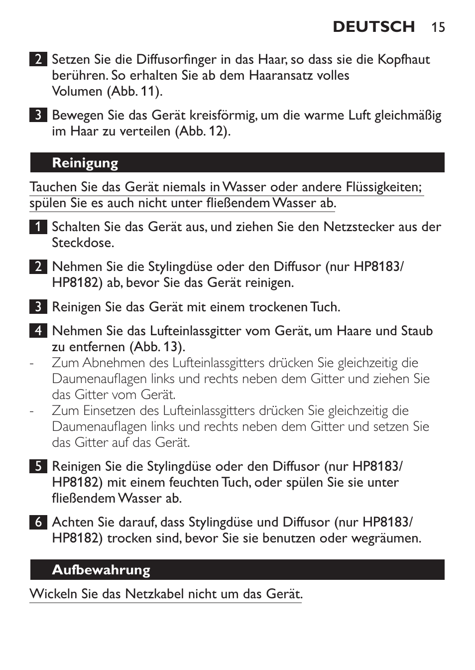 Reinigung, Aufbewahrung | Philips SalonDry Control Haartrockner User Manual | Page 15 / 52