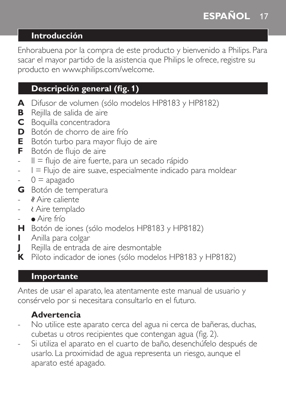 Advertencia, Español, Introducción | Descripción general (fig. 1), Importante | Philips SalonDry Control Haartrockner User Manual | Page 17 / 52