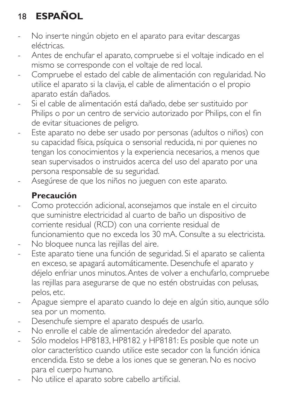 Precaución | Philips SalonDry Control Haartrockner User Manual | Page 18 / 52