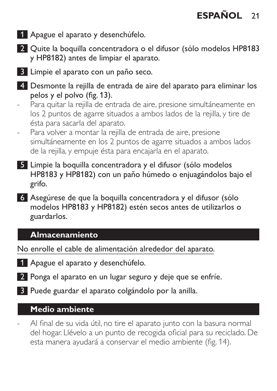 Almacenamiento, Medio ambiente | Philips SalonDry Control Haartrockner User Manual | Page 21 / 52