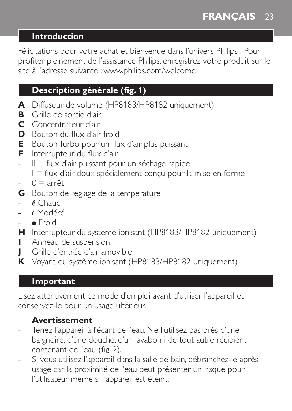 Avertissement, Français, Introduction | Description générale (fig. 1), Important | Philips SalonDry Control Haartrockner User Manual | Page 23 / 52