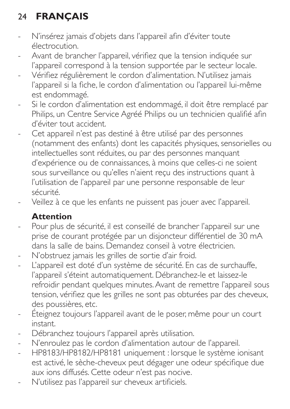 Attention | Philips SalonDry Control Haartrockner User Manual | Page 24 / 52