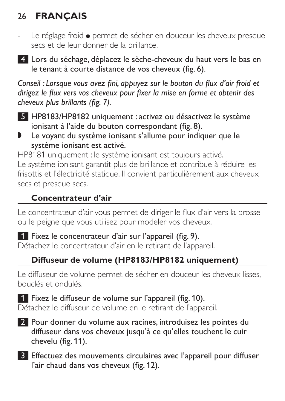 Concentrateur d’air, Diffuseur de volume (hp8183/hp8182 uniquement) | Philips SalonDry Control Haartrockner User Manual | Page 26 / 52