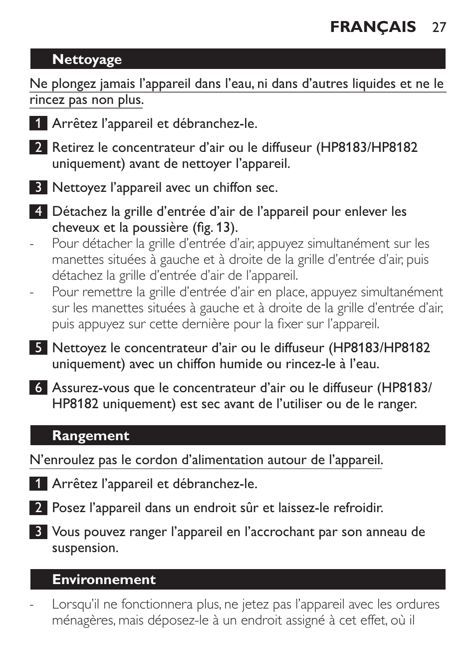 Nettoyage, Rangement, Environnement | Philips SalonDry Control Haartrockner User Manual | Page 27 / 52