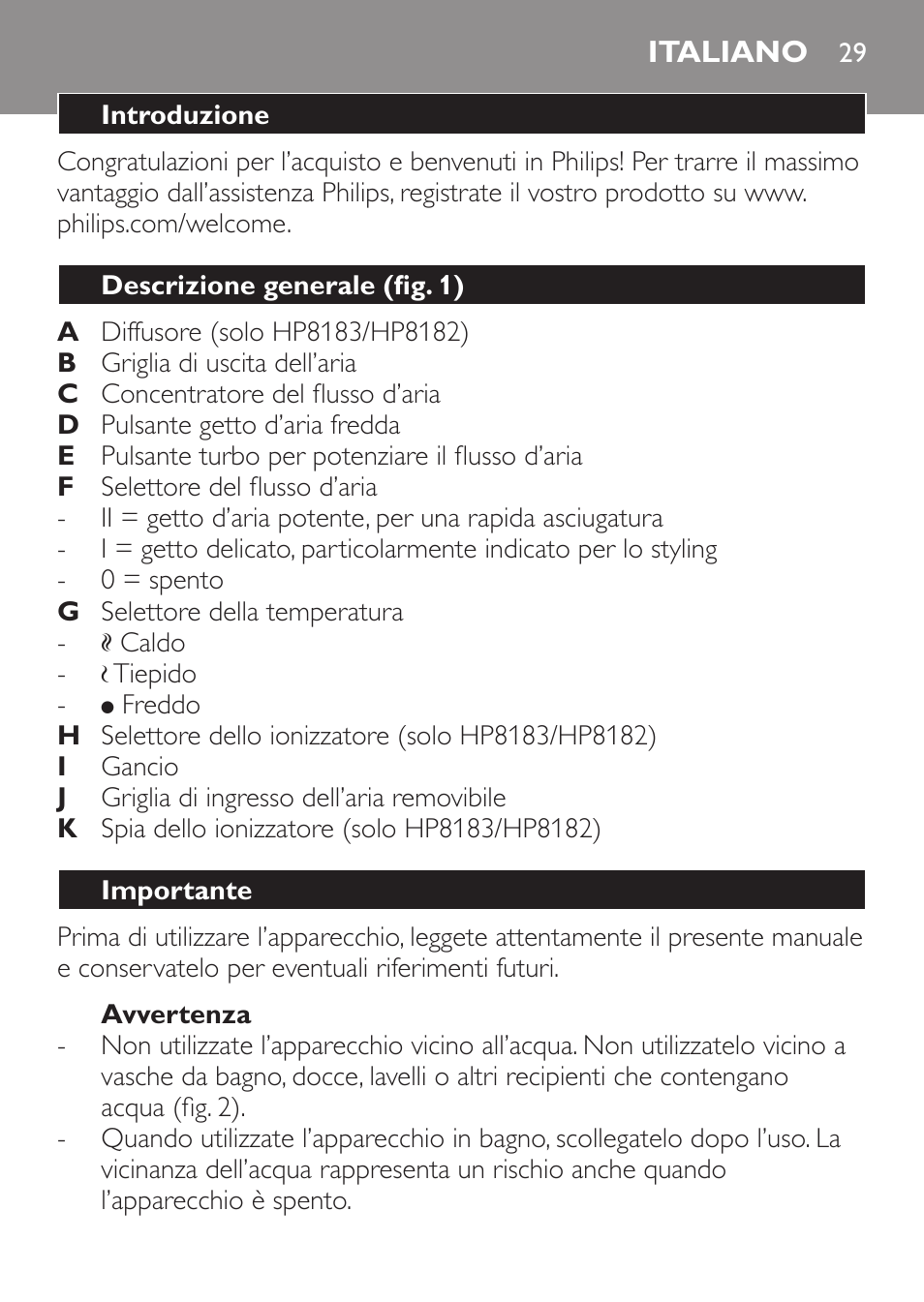 Avvertenza, Italiano, Introduzione | Descrizione generale (fig. 1), Importante | Philips SalonDry Control Haartrockner User Manual | Page 29 / 52