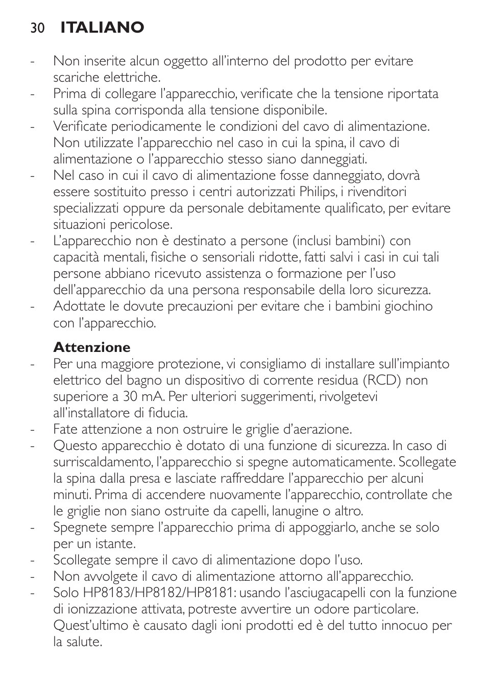 Attenzione | Philips SalonDry Control Haartrockner User Manual | Page 30 / 52