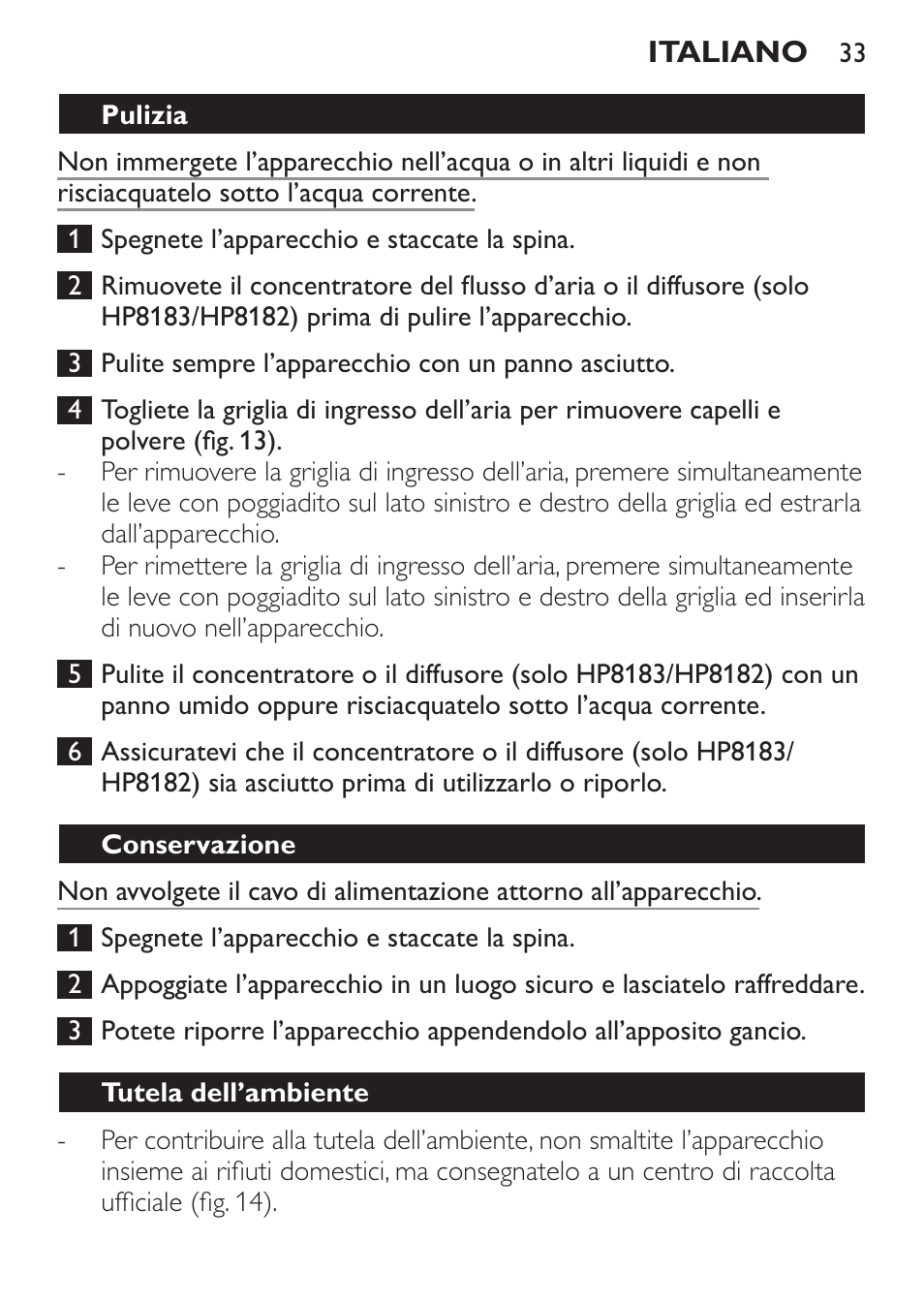 Pulizia, Conservazione, Tutela dell’ambiente | Philips SalonDry Control Haartrockner User Manual | Page 33 / 52