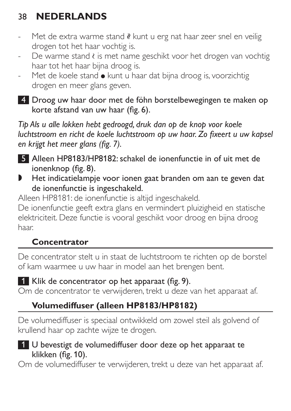 Concentrator, Volumediffuser (alleen hp8183/hp8182) | Philips SalonDry Control Haartrockner User Manual | Page 38 / 52