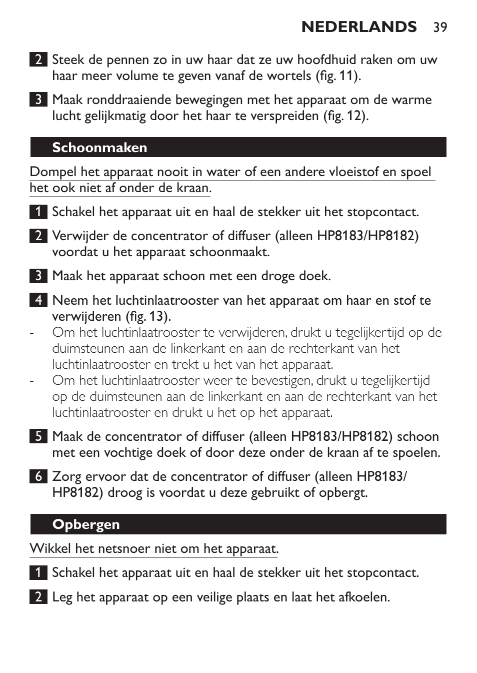 Schoonmaken, Opbergen | Philips SalonDry Control Haartrockner User Manual | Page 39 / 52