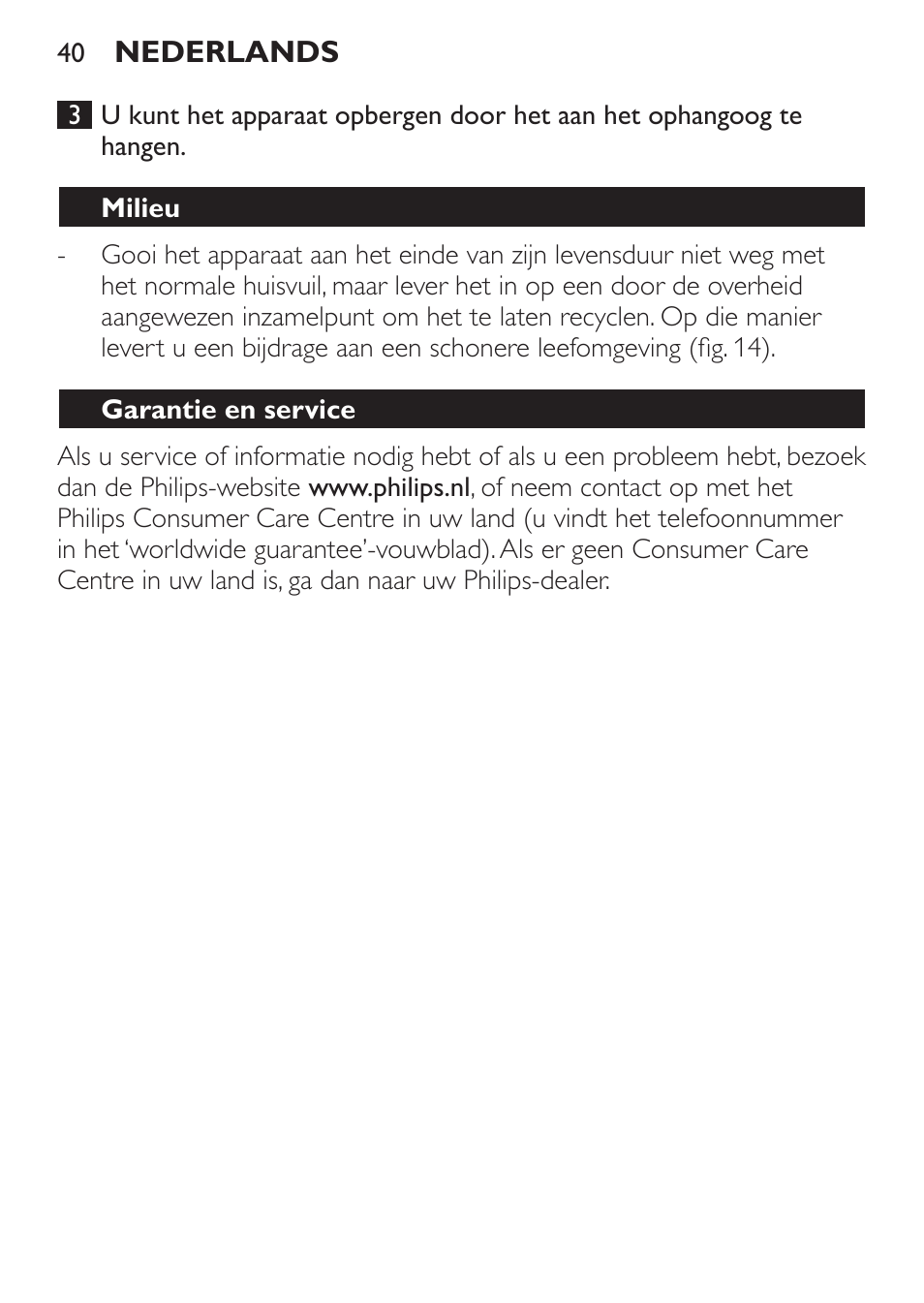 Milieu, Garantie en service | Philips SalonDry Control Haartrockner User Manual | Page 40 / 52