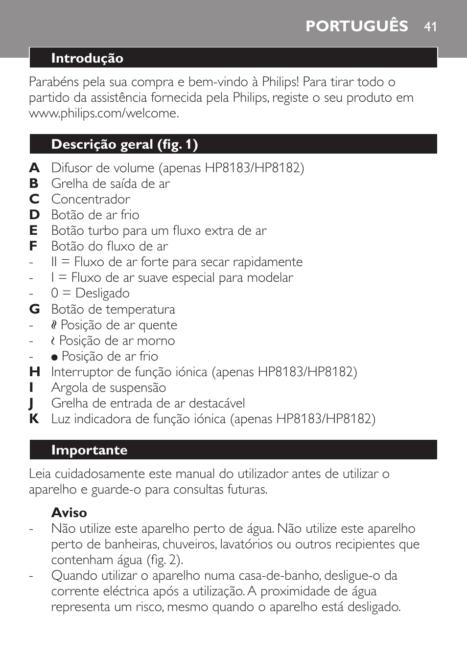 Aviso, Português, Introdução | Descrição geral (fig. 1), Importante | Philips SalonDry Control Haartrockner User Manual | Page 41 / 52