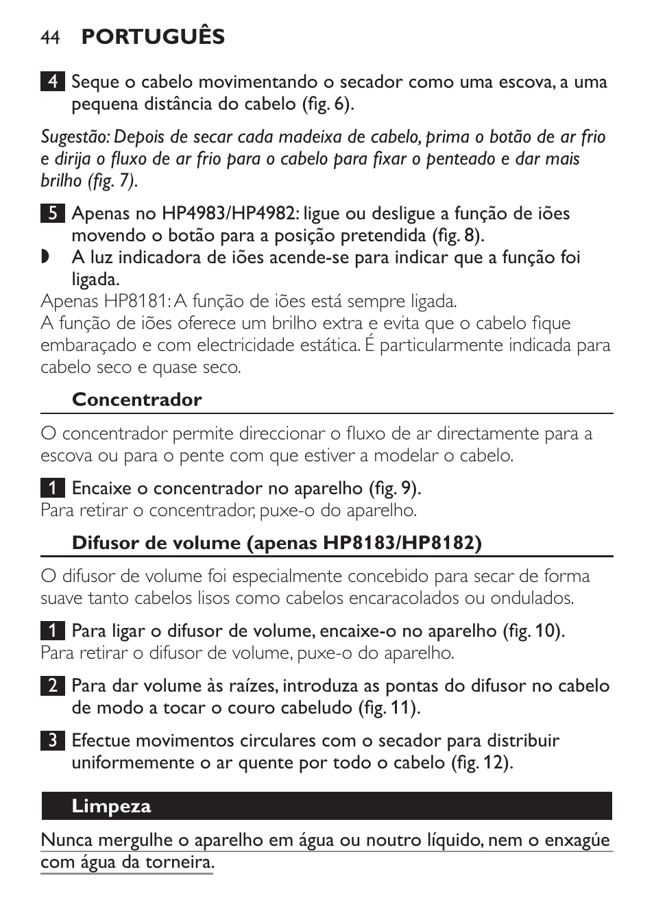 Concentrador, Difusor de volume (apenas hp8183/hp8182), Limpeza | Philips SalonDry Control Haartrockner User Manual | Page 44 / 52