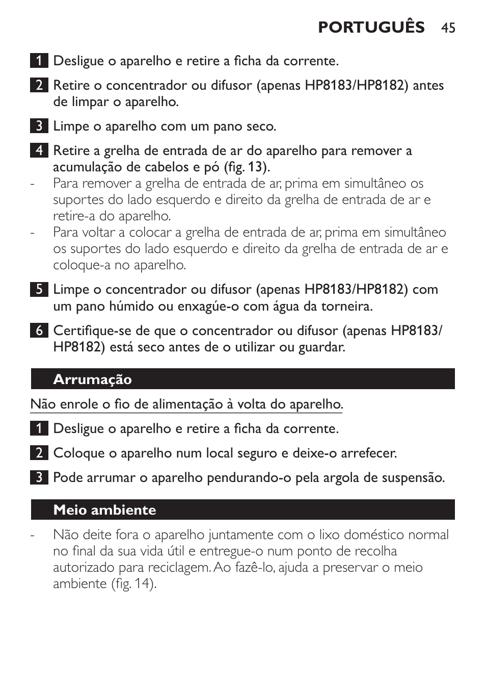 Arrumação, Meio ambiente | Philips SalonDry Control Haartrockner User Manual | Page 45 / 52