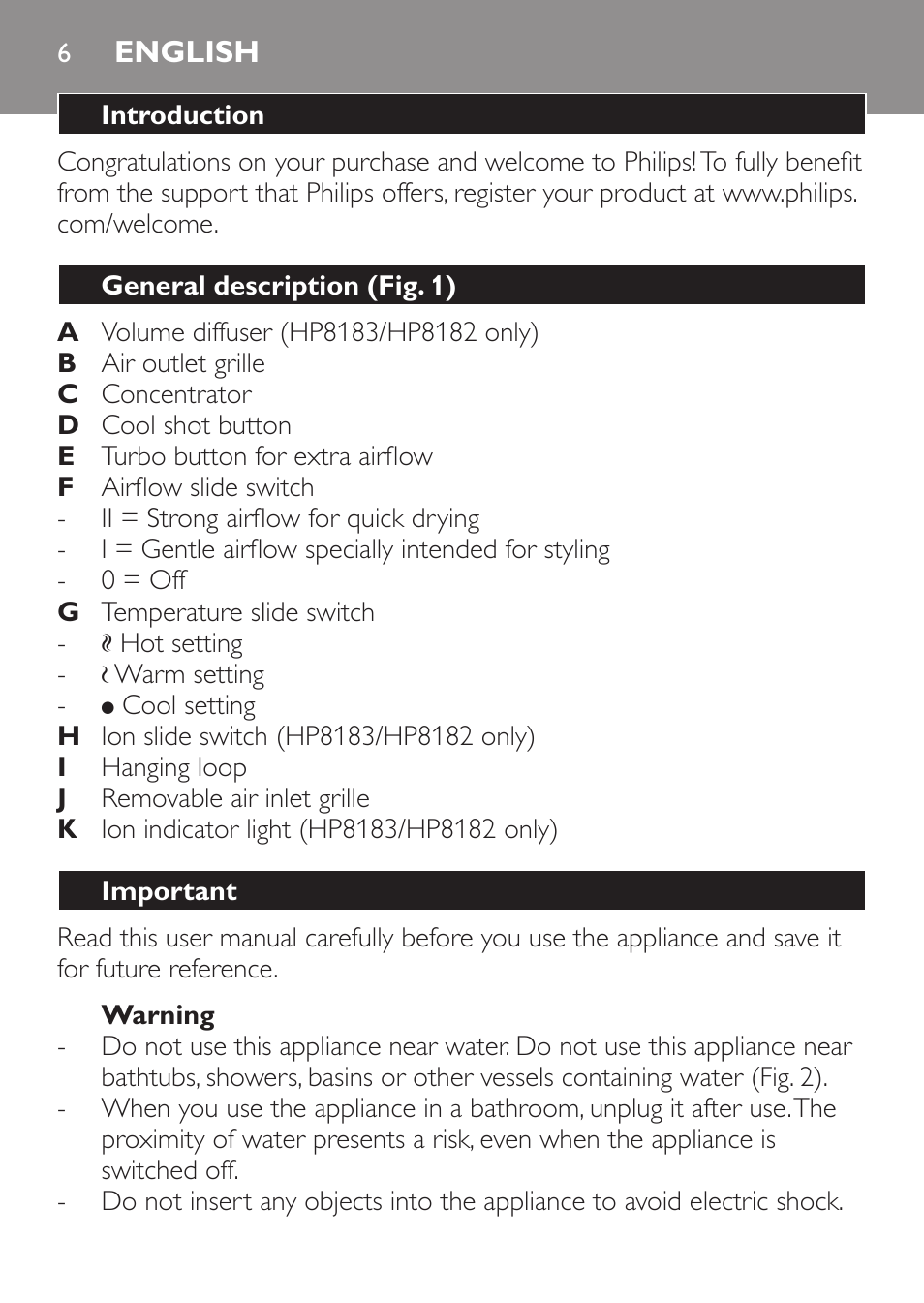 English, Introduction, General description (fig. 1) | Important, Warning | Philips SalonDry Control Haartrockner User Manual | Page 6 / 52