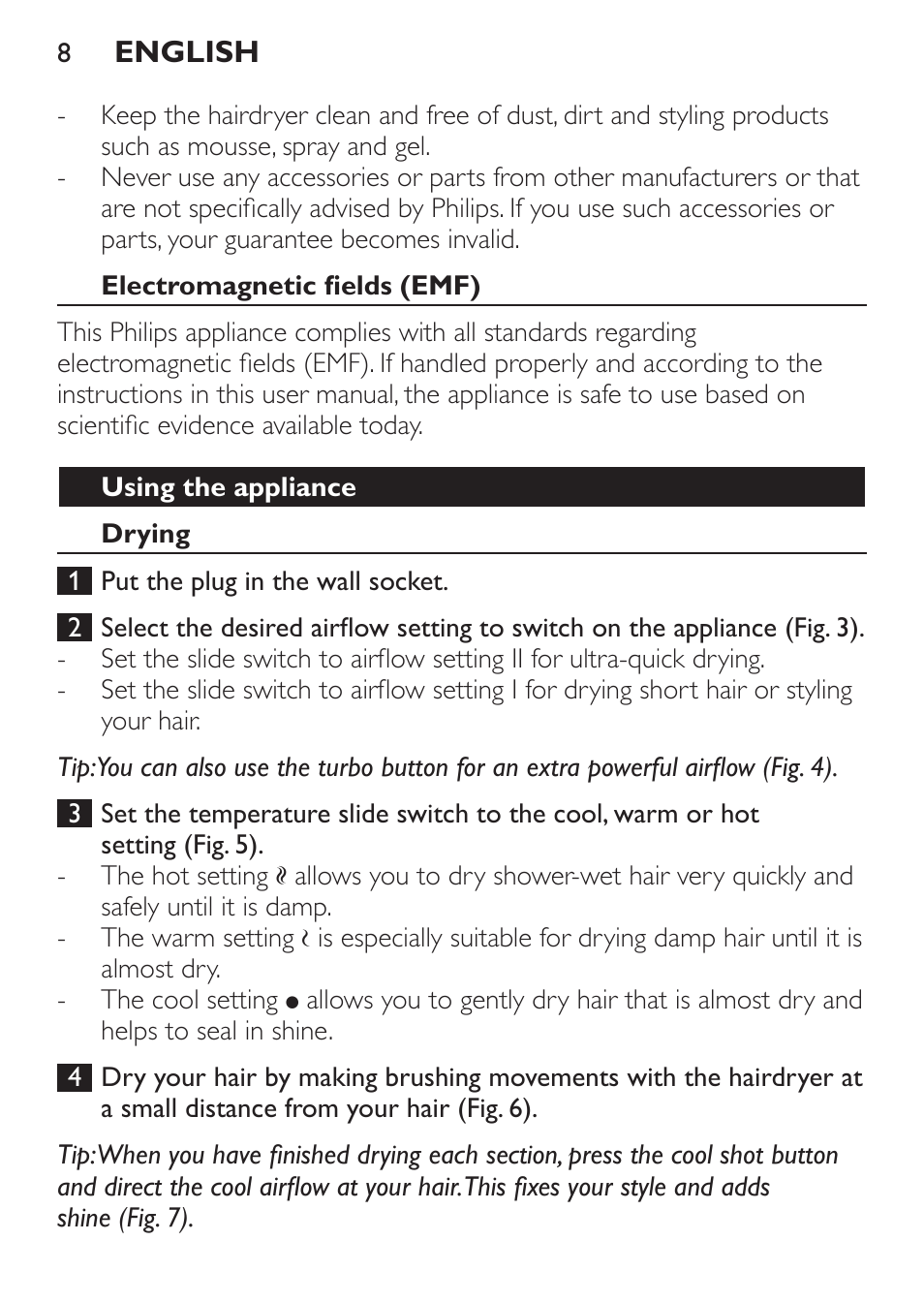 Electromagnetic fields (emf), Using the appliance, Drying | Philips SalonDry Control Haartrockner User Manual | Page 8 / 52